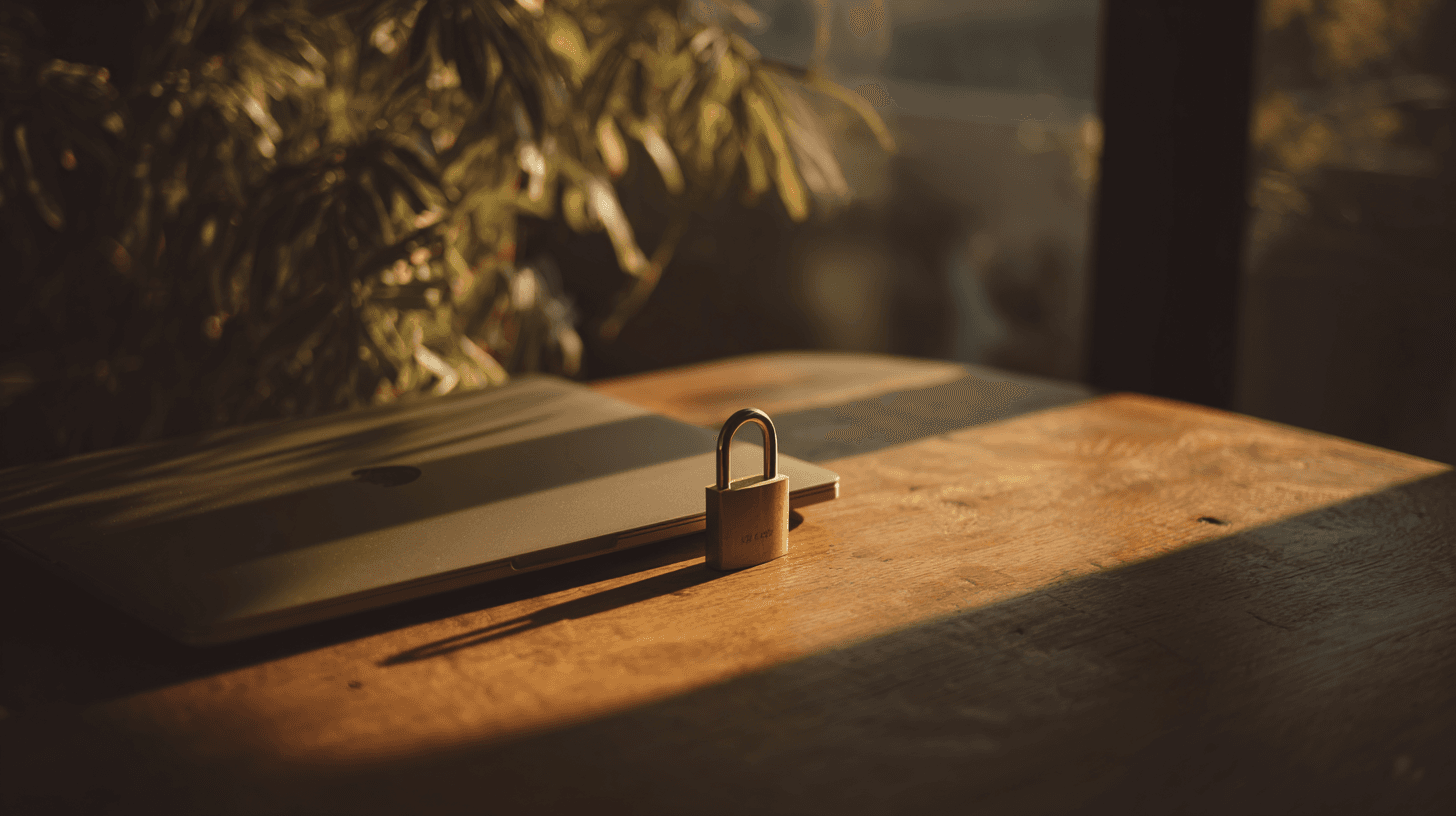 Laptop on a desk with a privacy screen, soft window light, representing secure telehealth communication